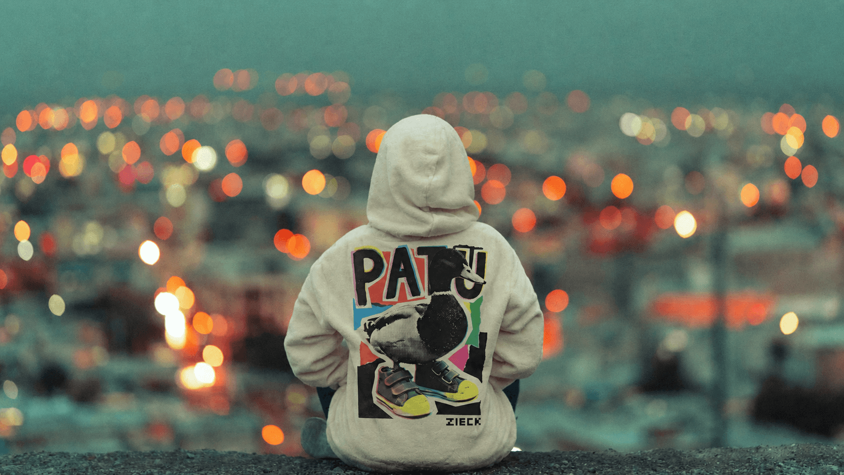 Person wearing a Zieck Patu hoodie overlooking a city at dusk